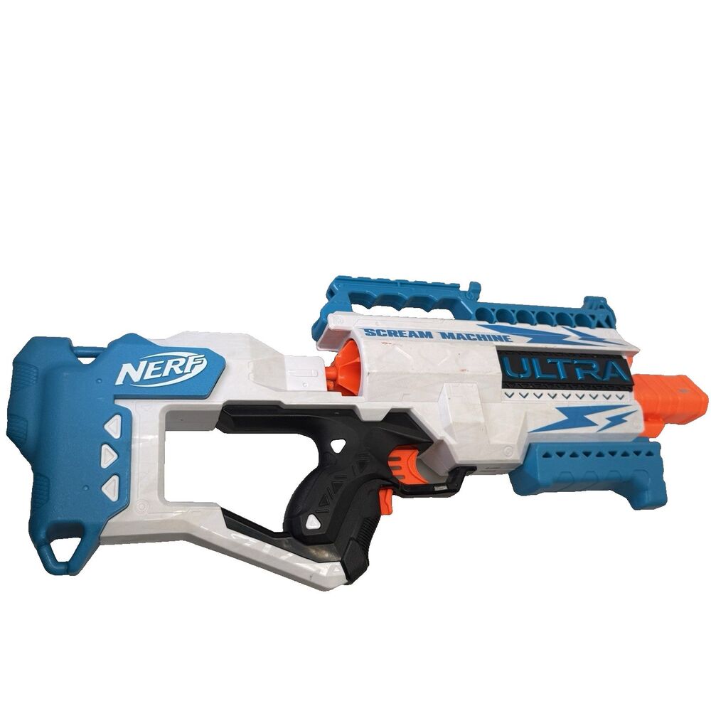 Nerf Ultra Scream Machine Motorized Blaster White Blue Whistling EUC